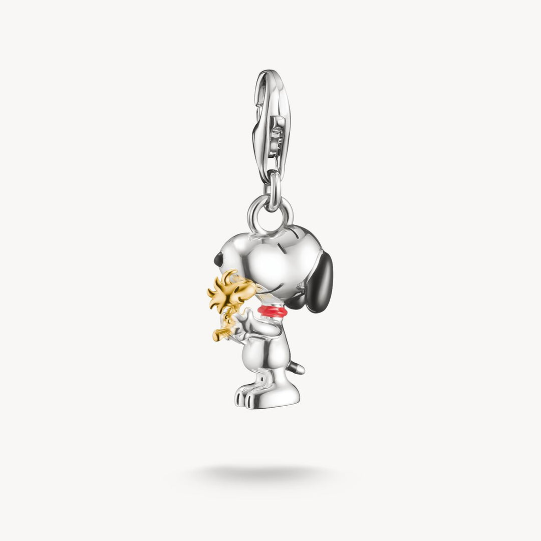 Silver dog charm with a gold flower on a white background