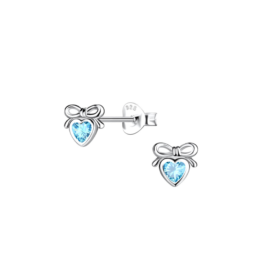 Dew Blue Zirconia Dainty Heart Bow Stud Earrings 35865BLZ