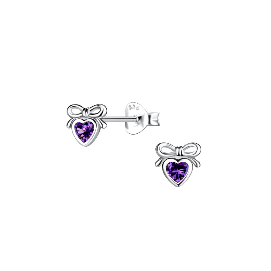 Dew Purple Zirconia Dainty Heart Bow Stud Earrings 35865PUZ