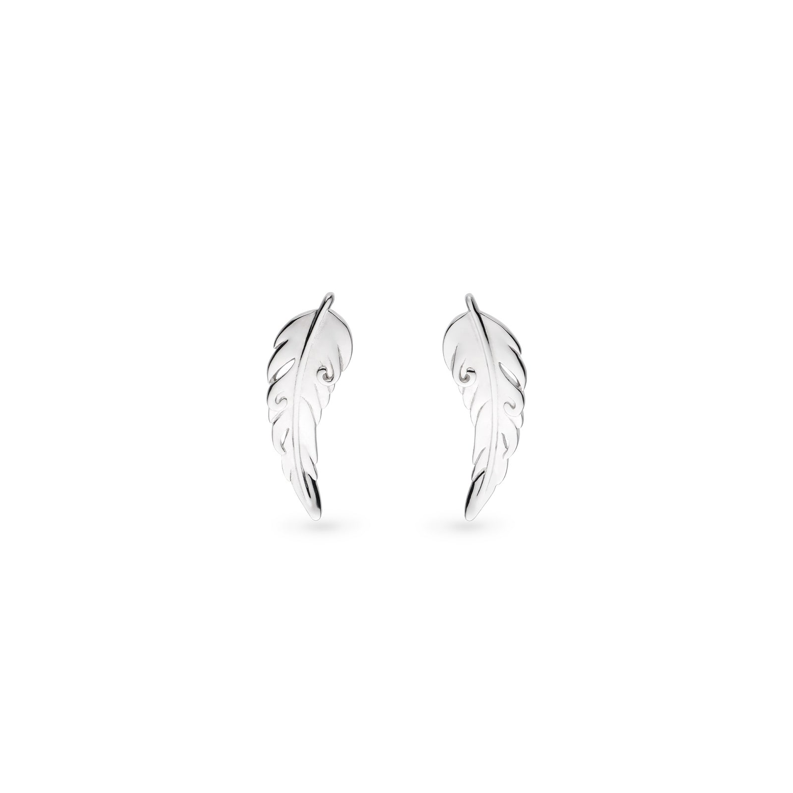 Silver feather-shaped earrings on a white background