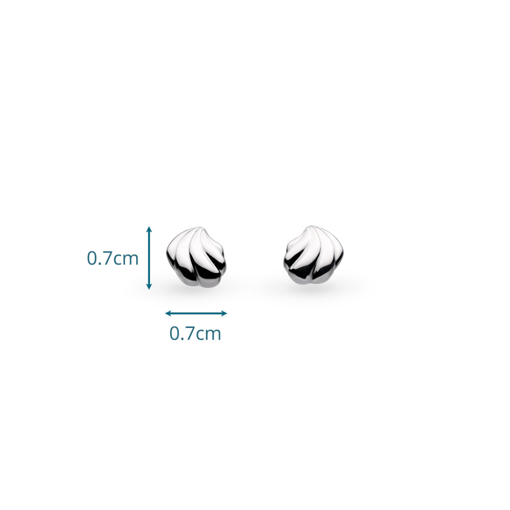 Pair of silver earrings with dimensions indicated on a white background