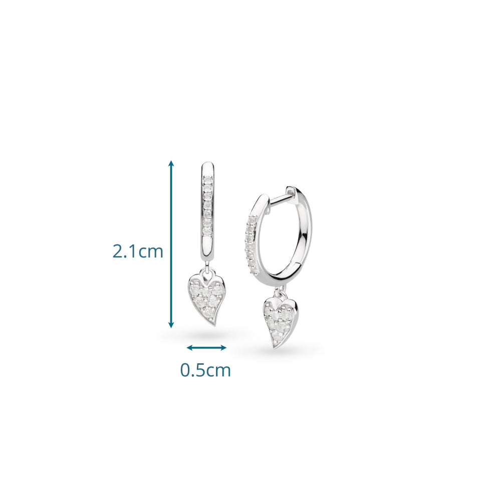 Two silver earrings with heart-shaped pendants on a white background, showing measurements.