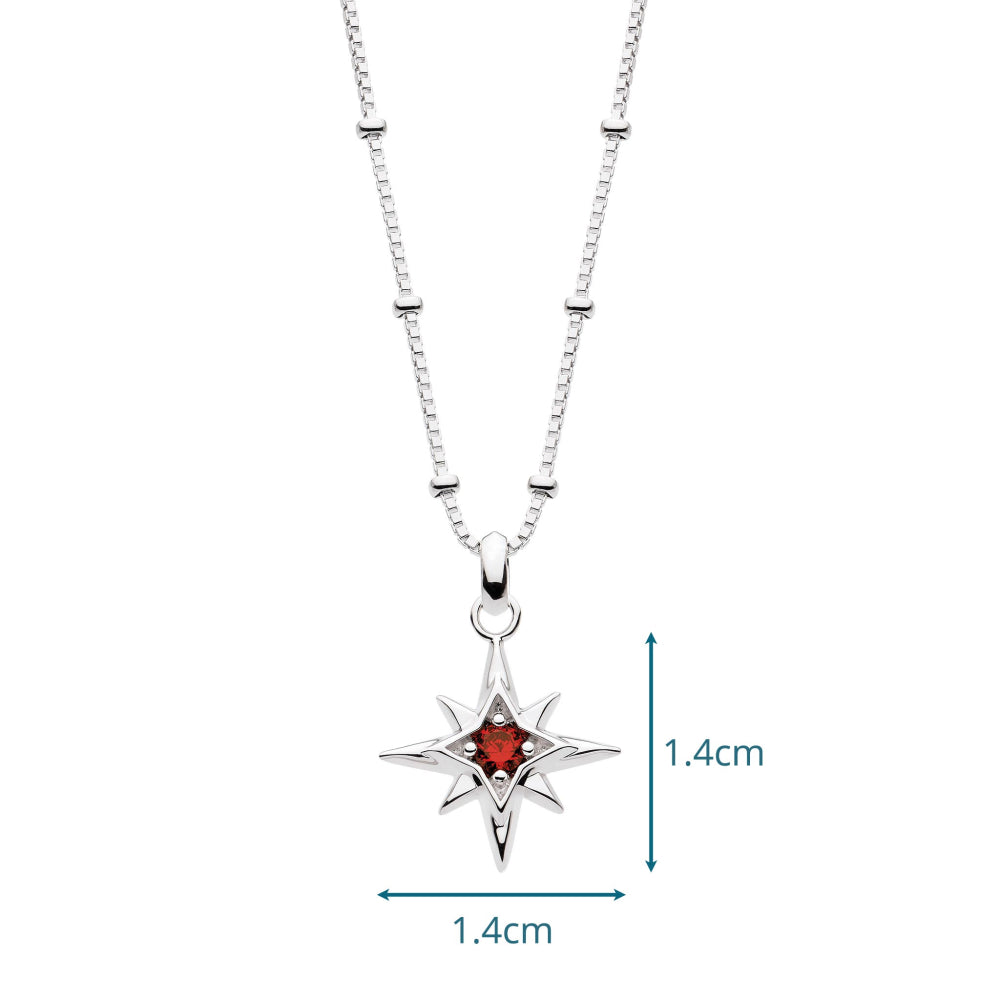 Silver necklace with a star-shaped pendant featuring a red gemstone on a white background.