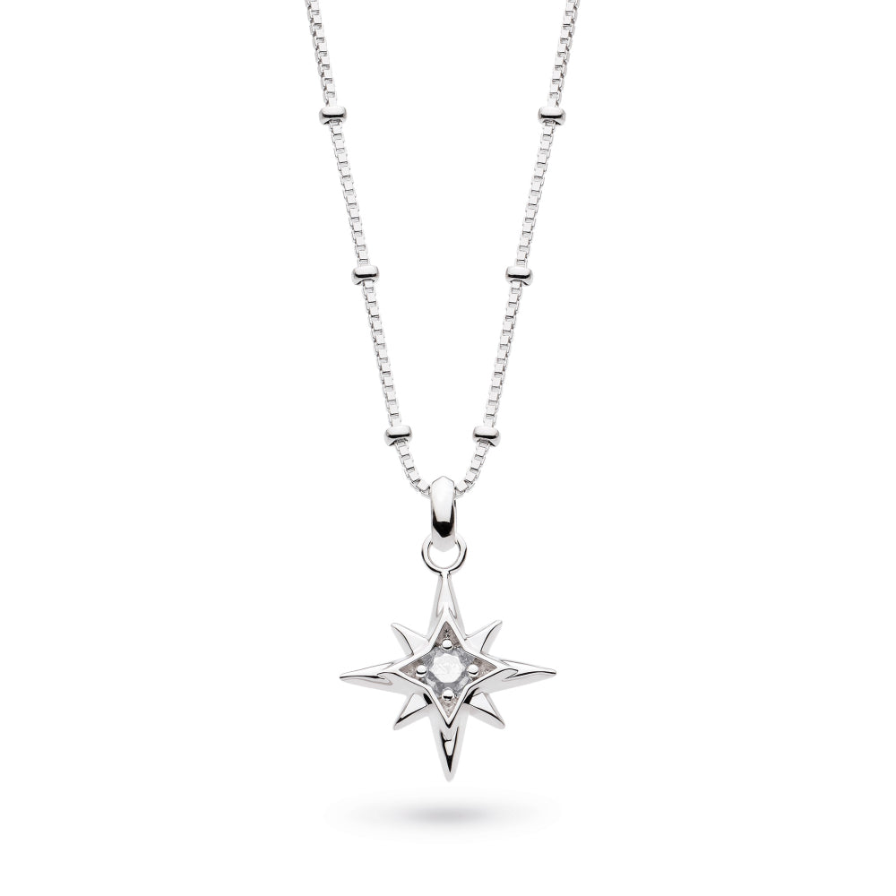 Silver star-shaped pendant necklace on a white background