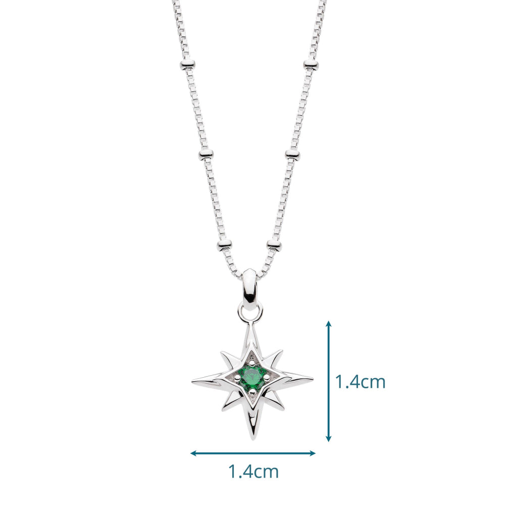 Silver necklace with a star-shaped pendant featuring a green gemstone on a white background.