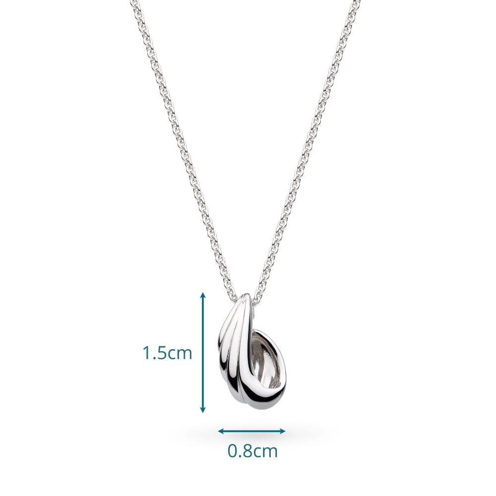 Silver teardrop pendant necklace with measurements on a white background