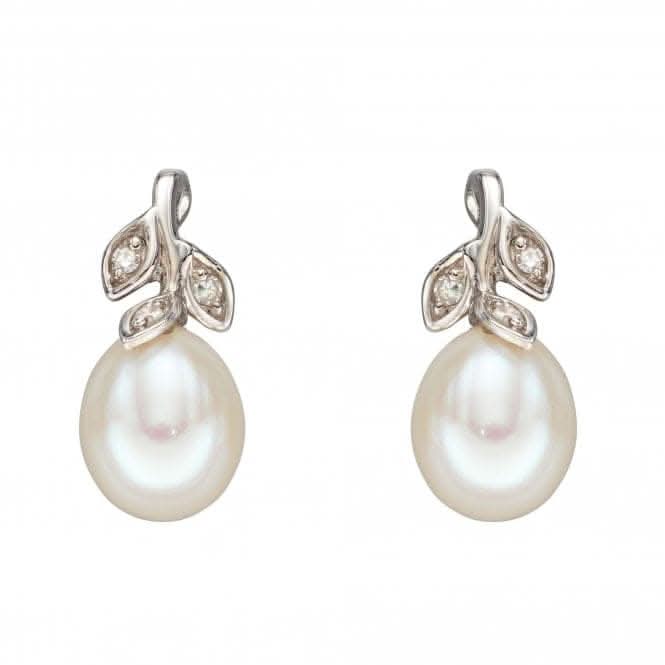 9ct Wg Fresh Water Pearl Diamond Leaf Design Earrings GE2342W