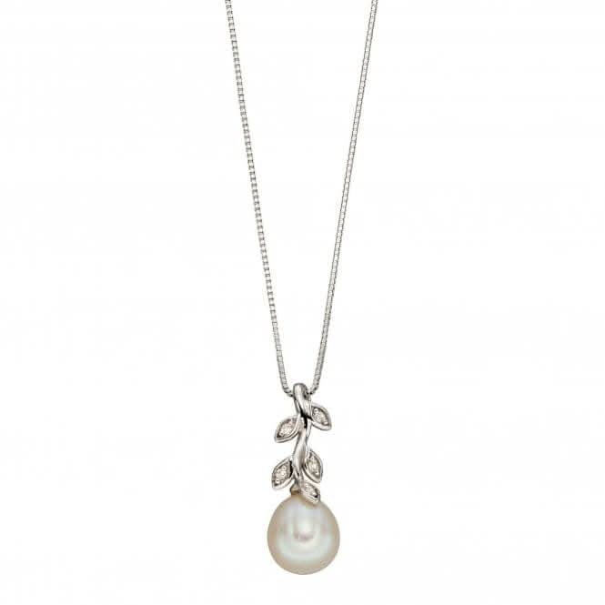 9ct Wg Fresh Water Pearl & Diamond Leaf Design Pendant GP2238W