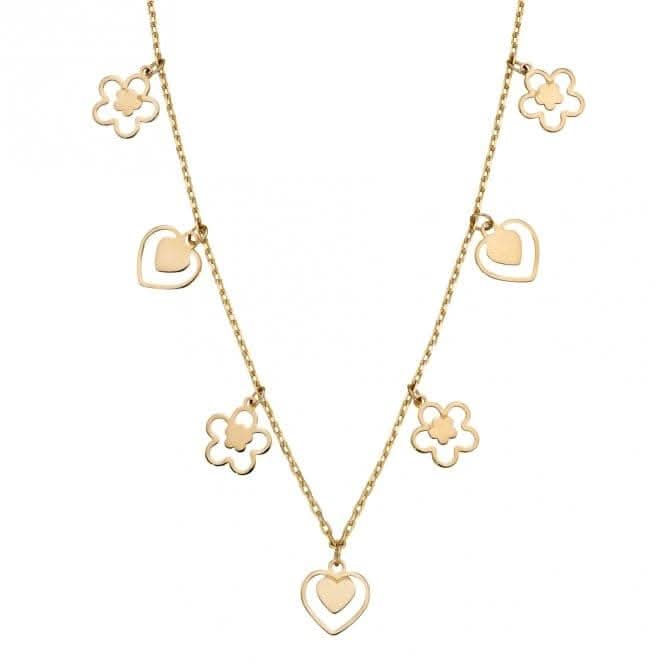 9ct Yellow Gold Heart and Flower Charm Necklace GN363