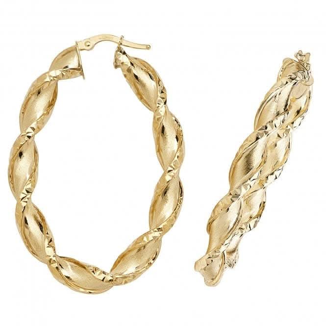 9ct Yellow Gold Oval Hoop Earrings with Diamond Cut Detail ER991