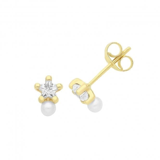 9ct Yellow Gold Star Zirconia And Pearl Studs ES726