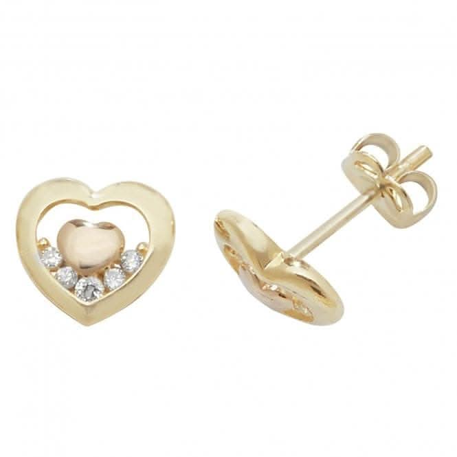 9ct Yel/Rose Gold Zirconia Double Heart Stud Earrings ES436