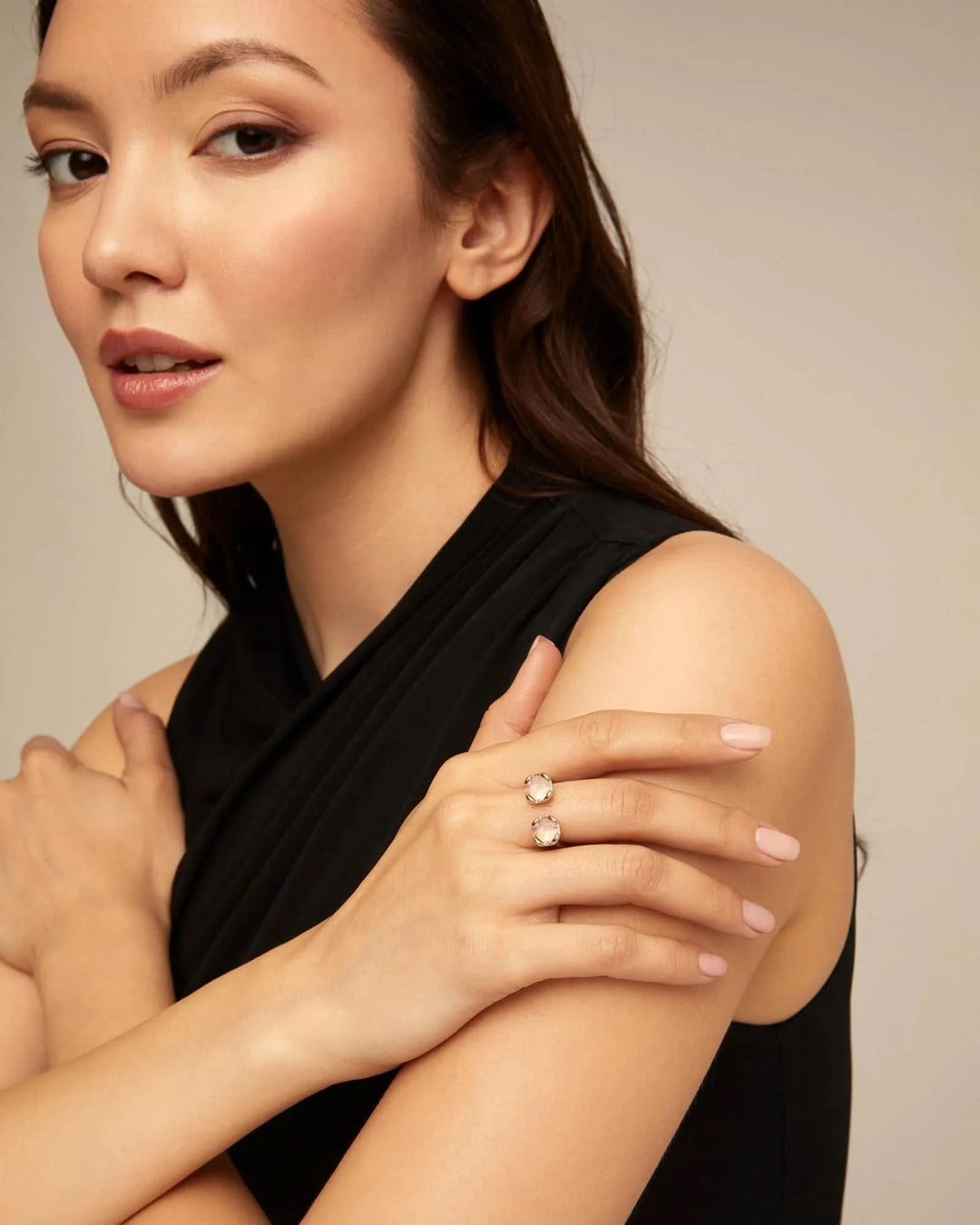 Ladies 18K Gold Plated Opened Two Faceted Aura Pink Crystals Facing Ring ANI0790RSAORO