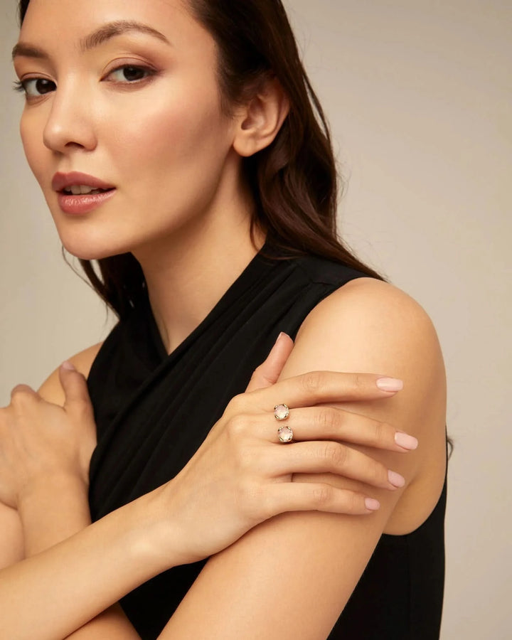 Ladies 18K Gold Plated Opened Two Faceted Aura Pink Crystals Facing Ring ANI0790RSAORO