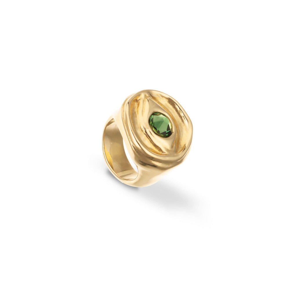 Metal Alloy Signet Plated 18K Gold Eye Green Faceted Crystal Ring ANI0856VRDORO