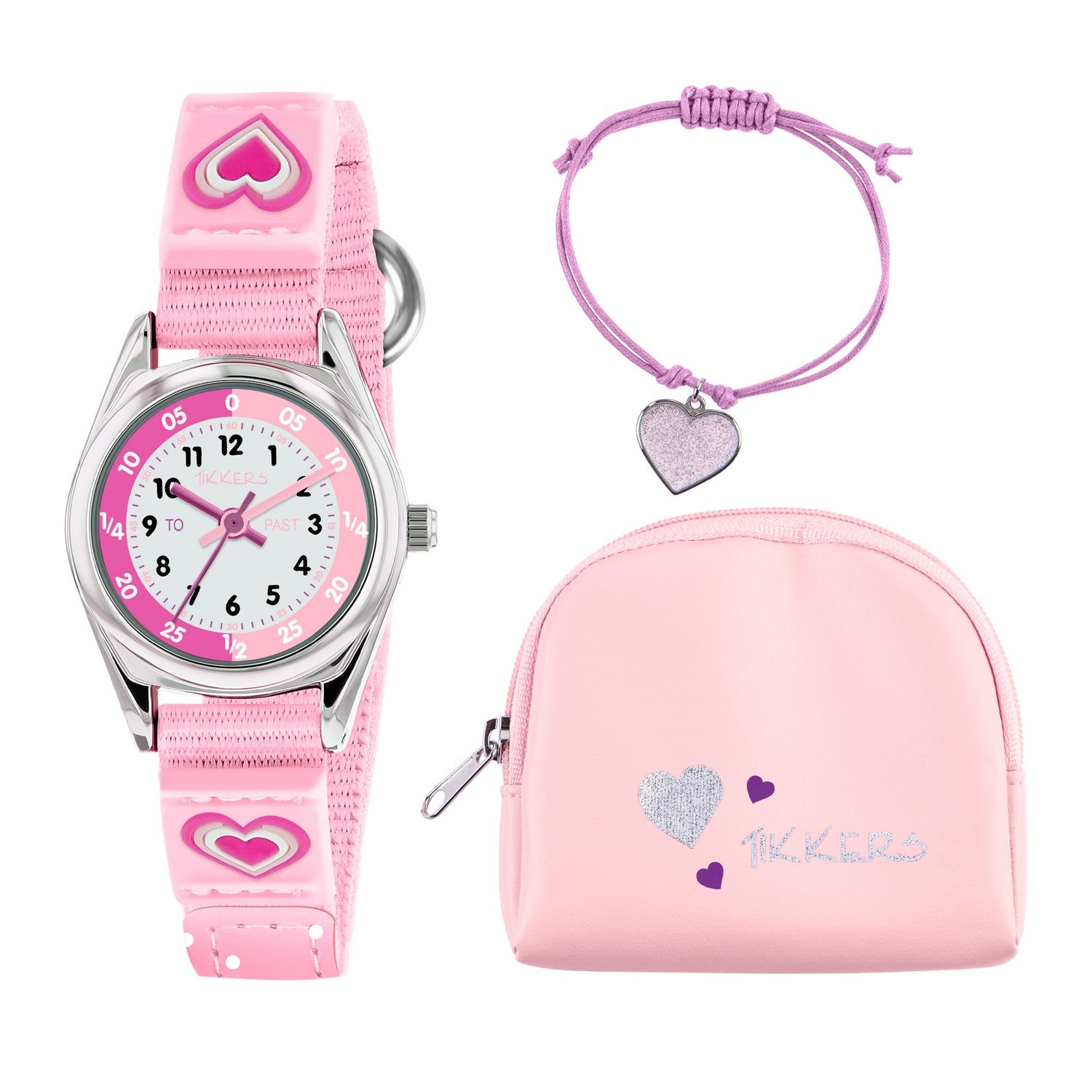Pink watch, bracelet, and pouch set with heart designs on a white background
