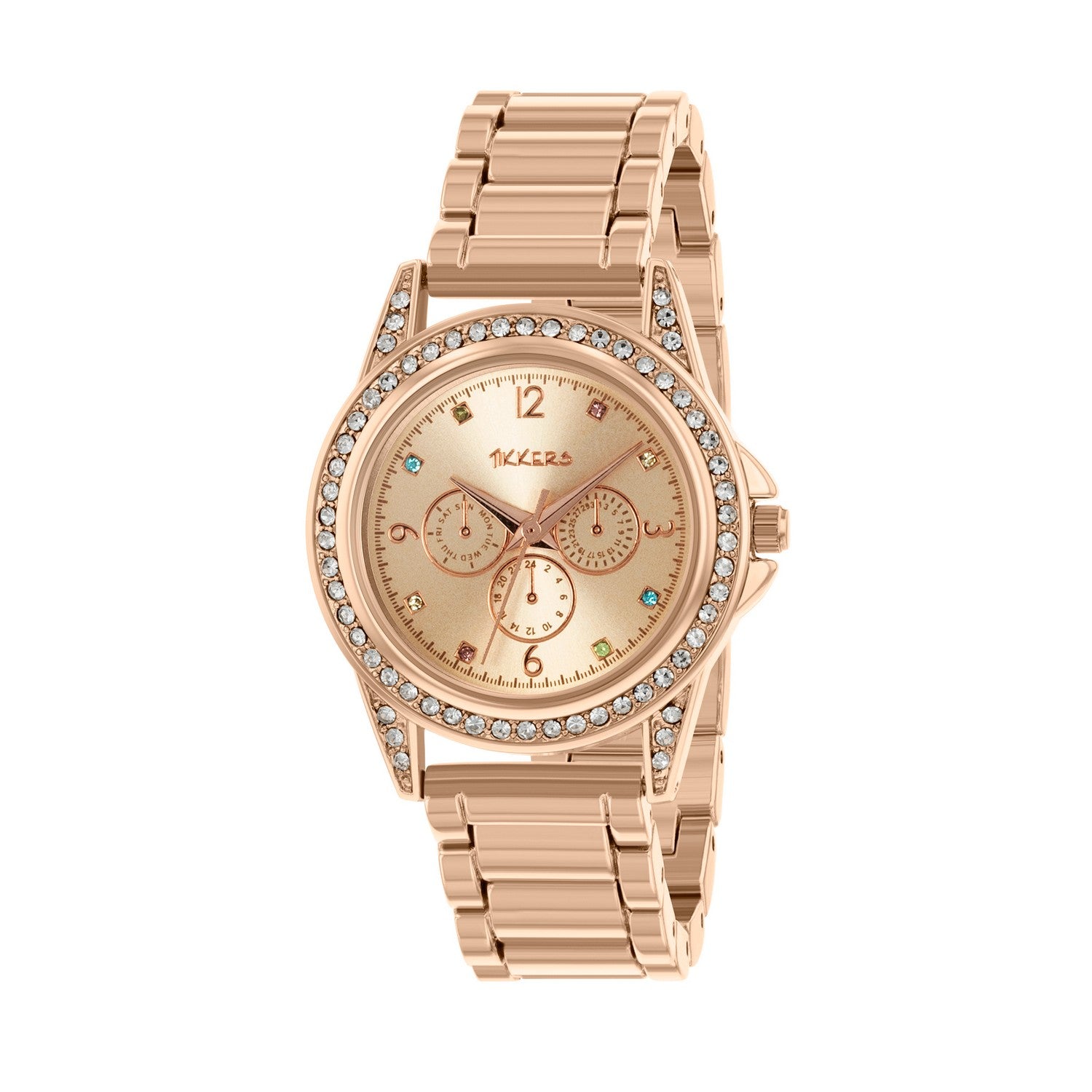 Rose gold watch with gemstone accents on a white background