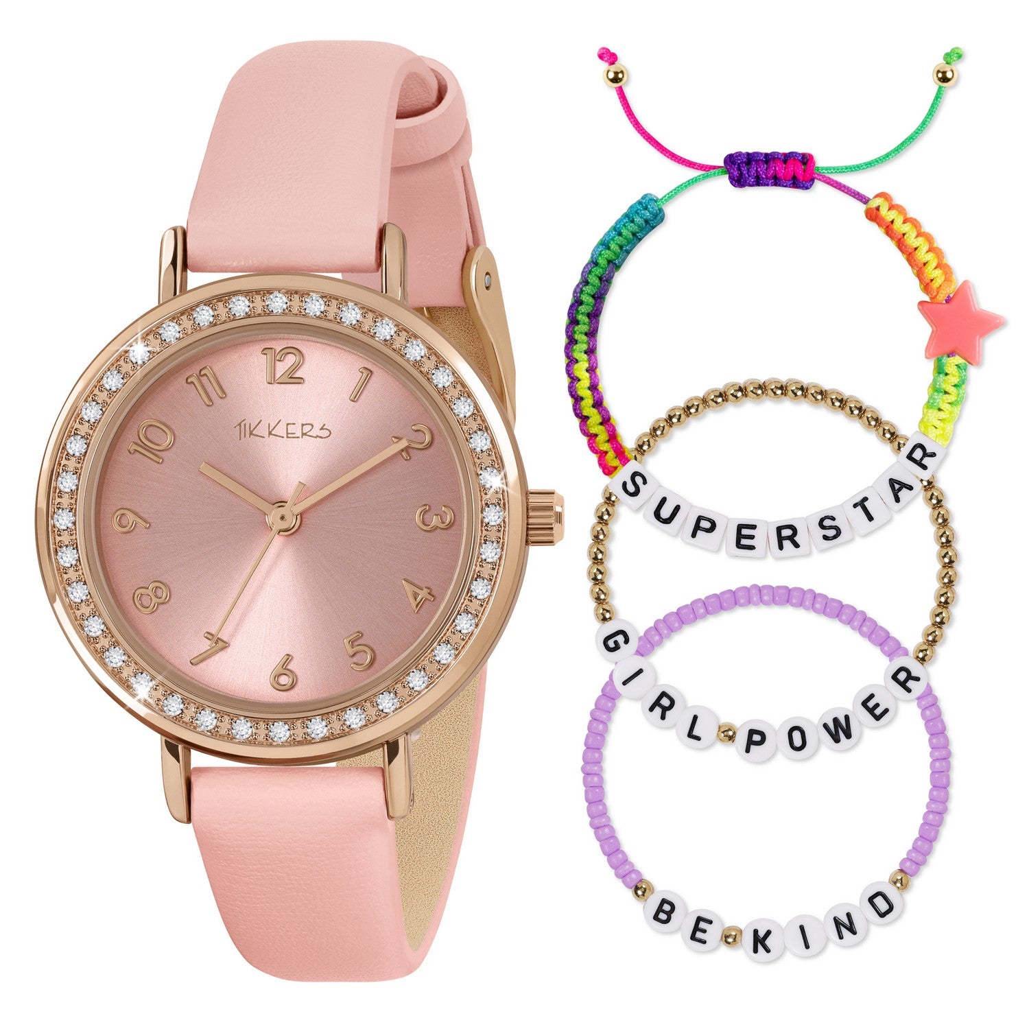 Pink watch with rose gold case and pink strap, accompanied by colorful friendship bracelets.