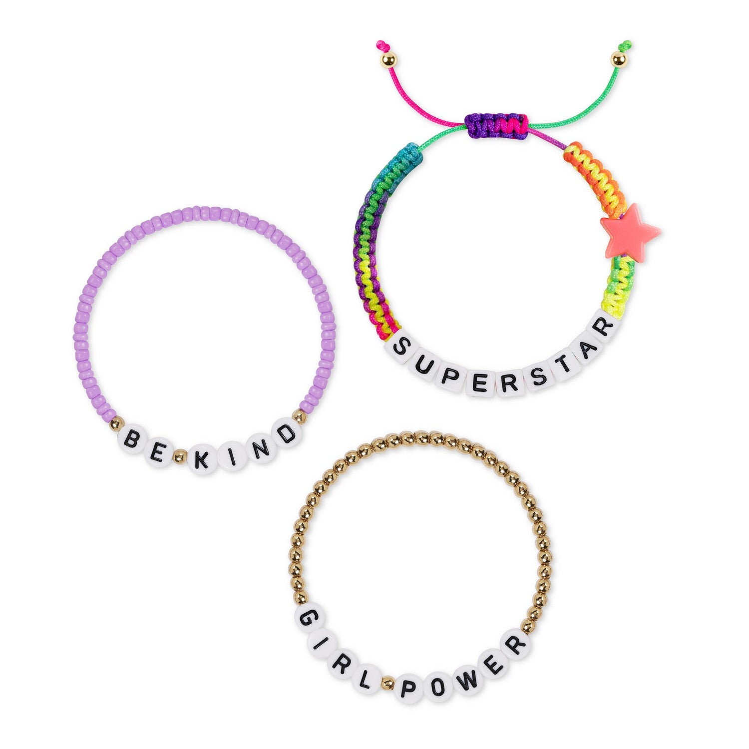 Three colorful bracelets with motivational phrases on a white background