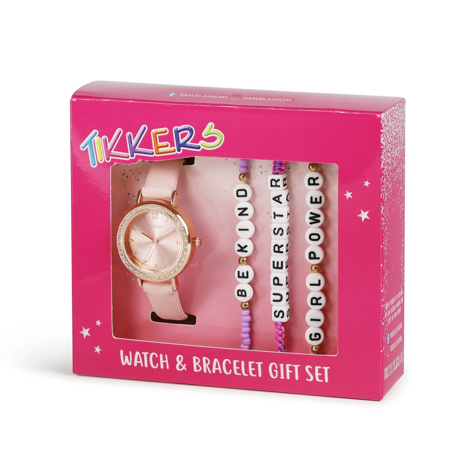 Pink gift box containing a watch and three bracelets with motivational phrases on a white background.