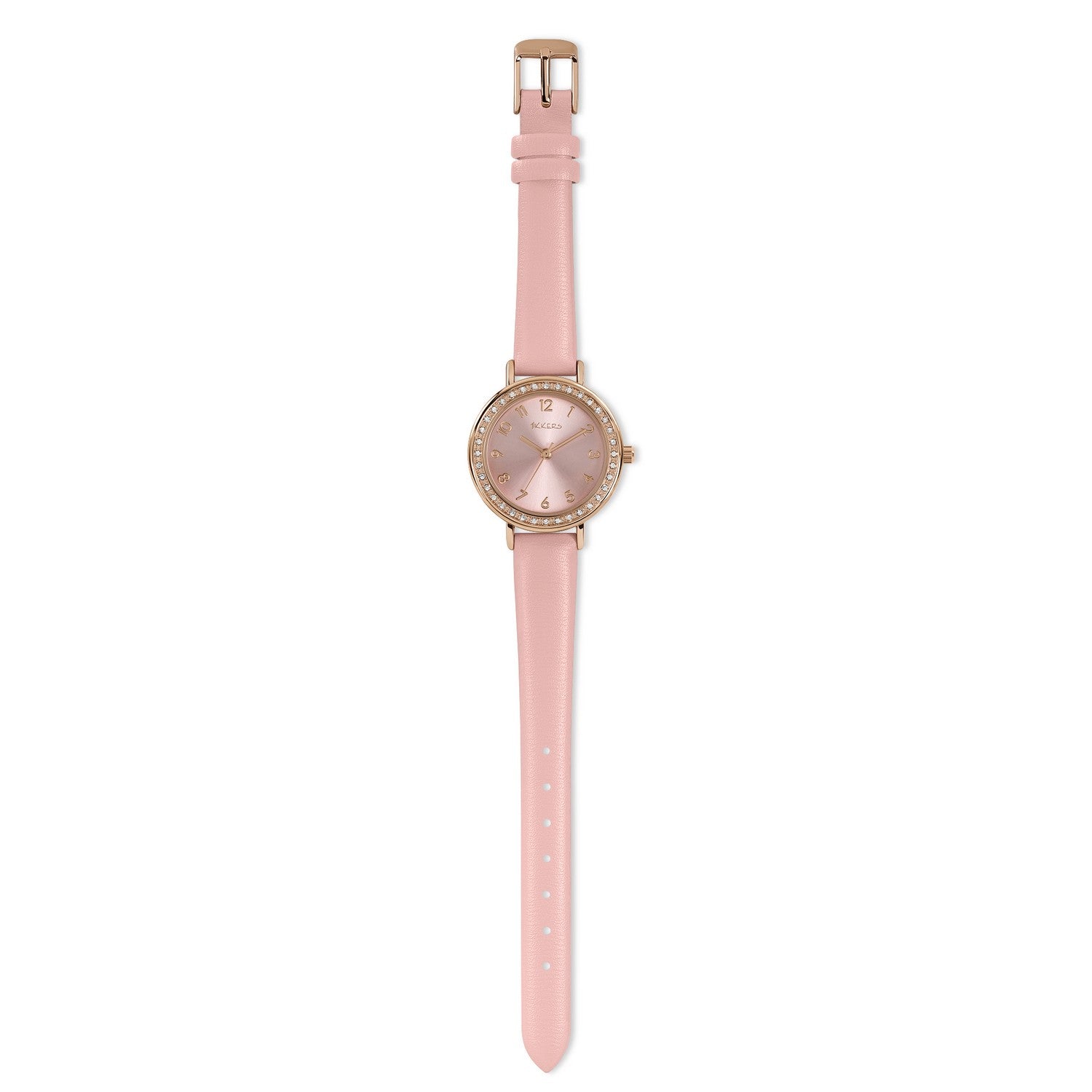 Pink watch with a gold face on a white background