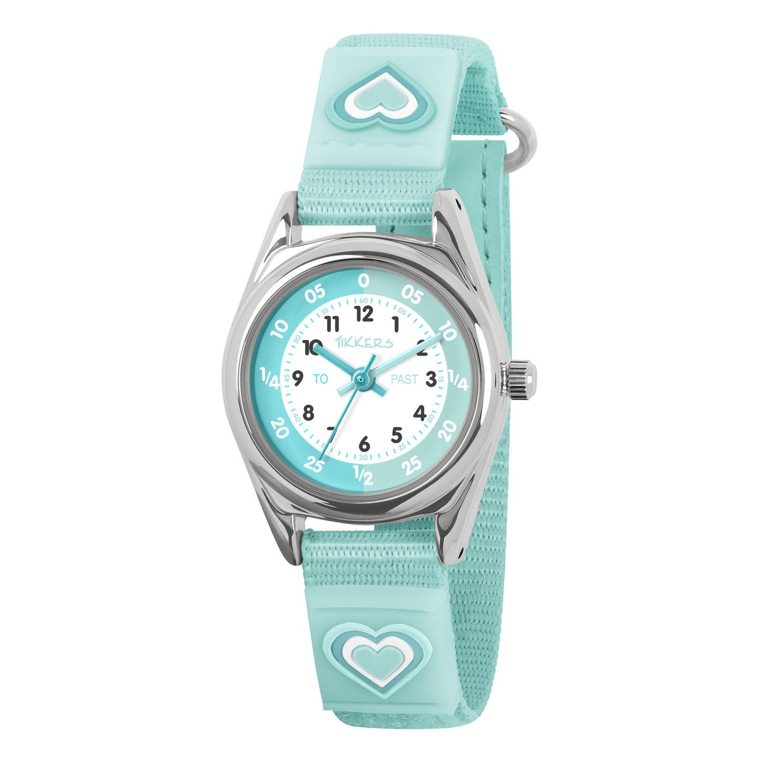 Children's watch with turquoise strap and face on a white background