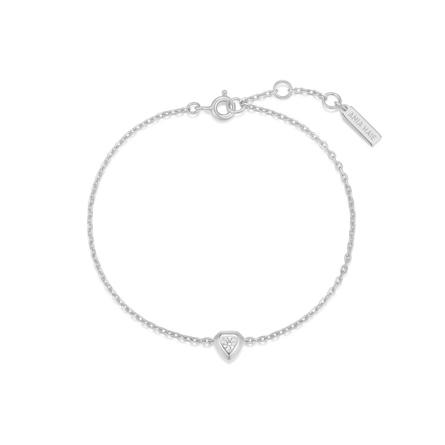 Silver bracelet with a heart-shaped clasp on a white background