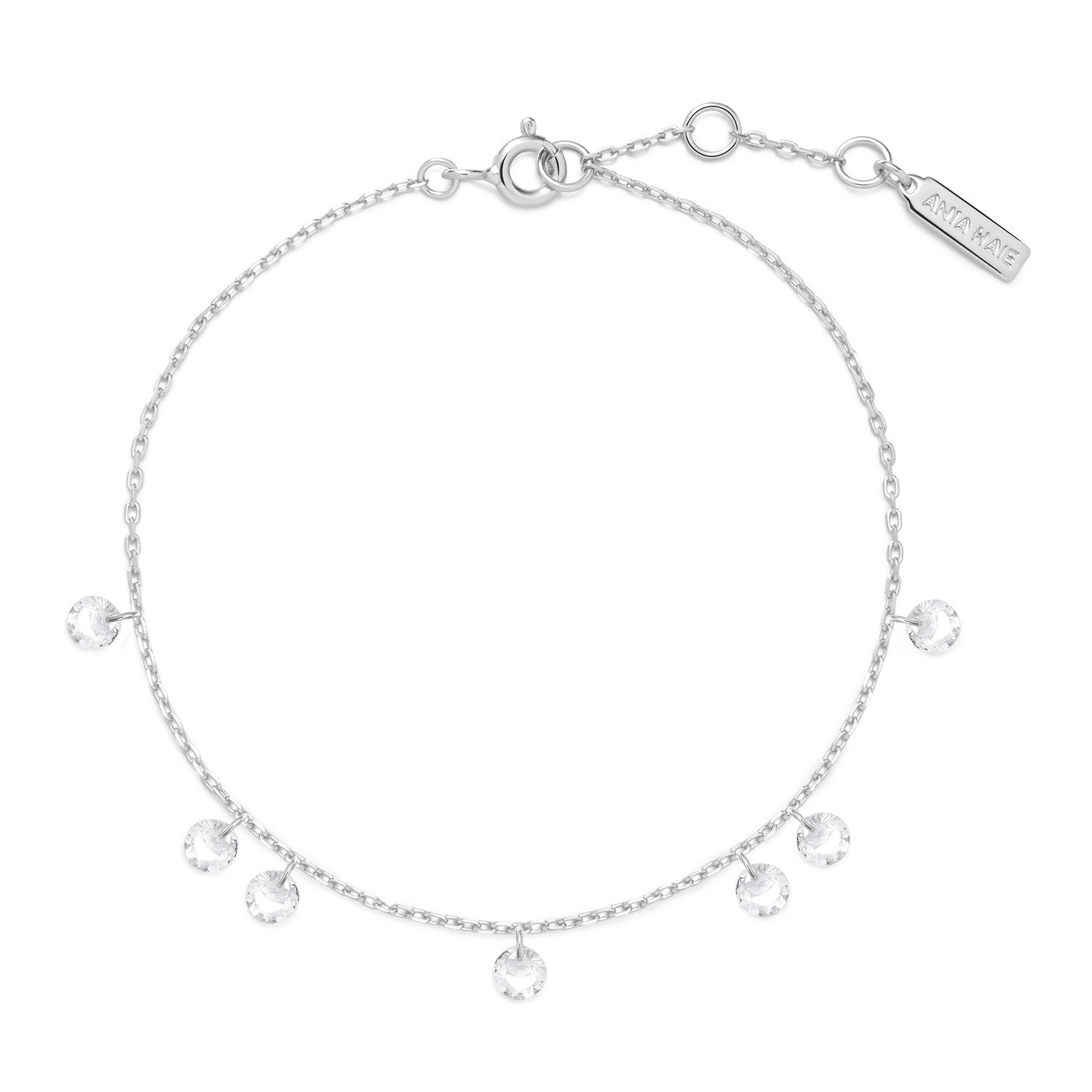 Silver bracelet with crystal charms on a white background