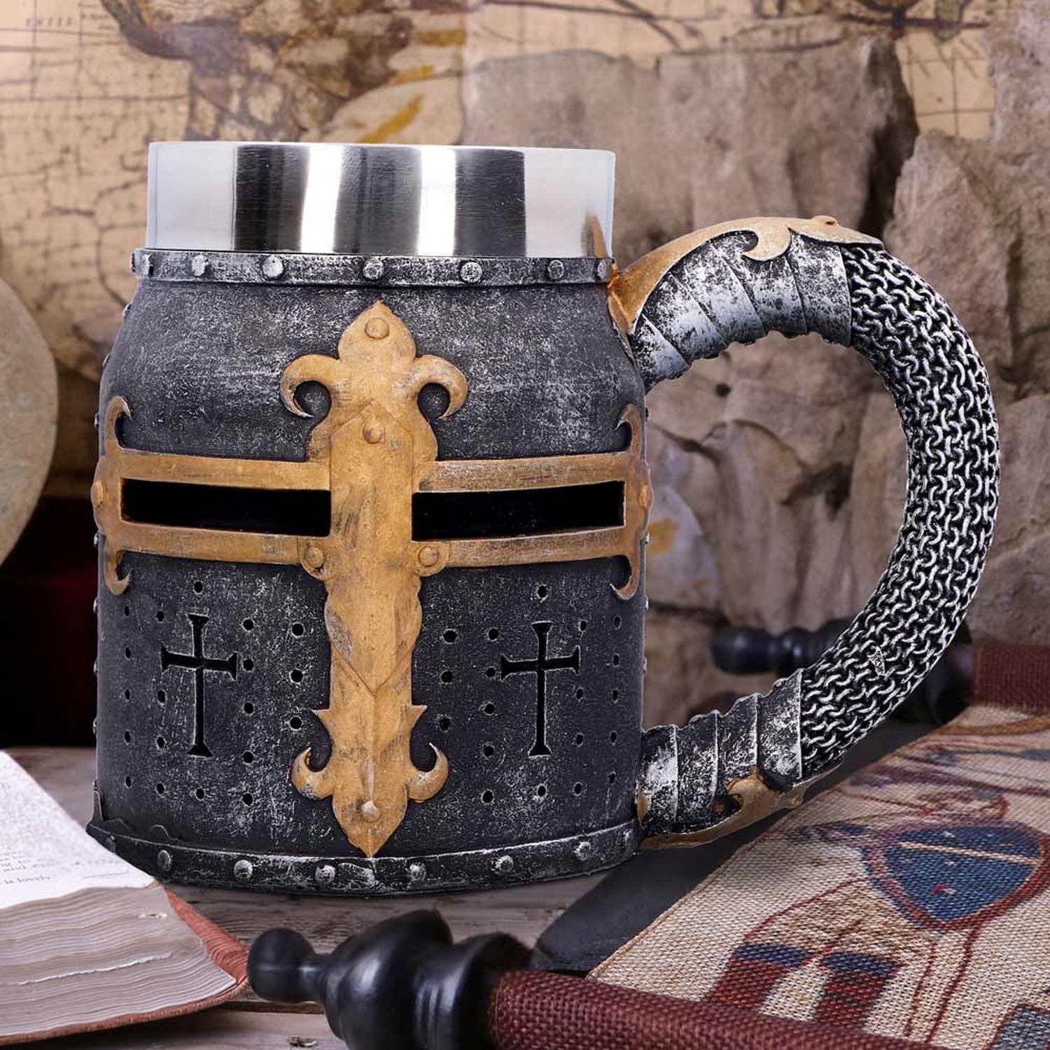 Crusader Medieval Knight Chainmail Tankard Historical Helmet Mug B2291F6