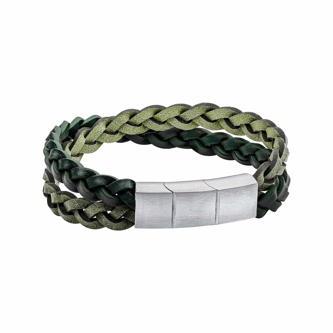 Stainless Steel Green Light Green Double Plaited Leather Bracelet B5514