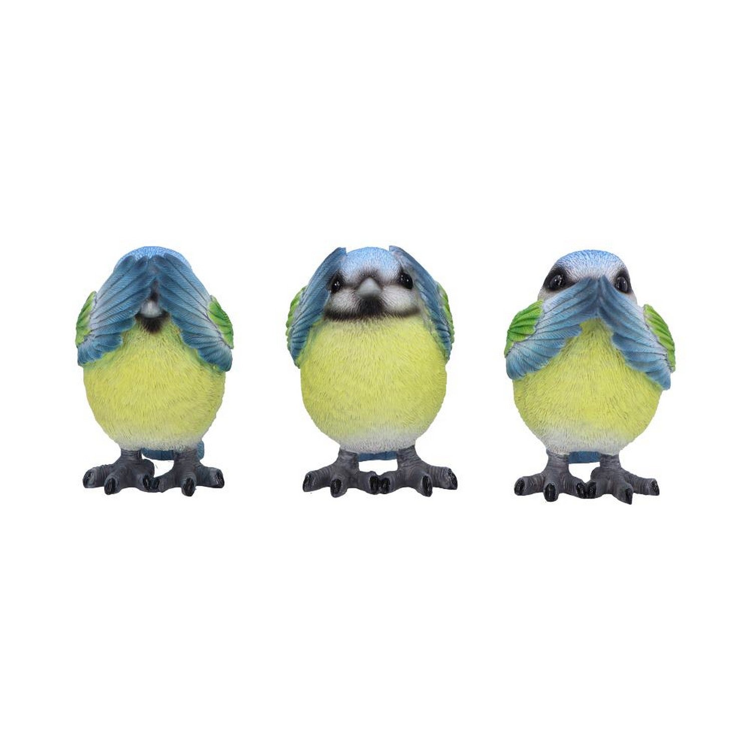 Three Wise Blue Tit Figurines in See no, Hear no, Speak no evil poses B6947A25