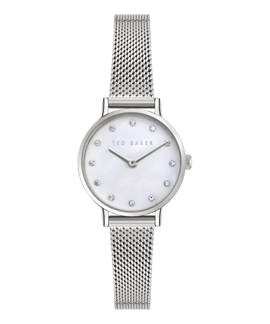 Ted Baker Women’s Staciie 28 mm Mother-of-Pearl Silver Mesh Watch BKPSTF406