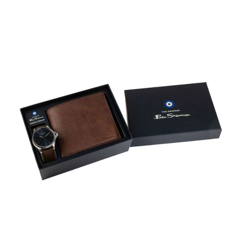 Ben Sherman Brown Strap Watch Dark Navy Dial Wallet Set Gents Watch BS066BR G