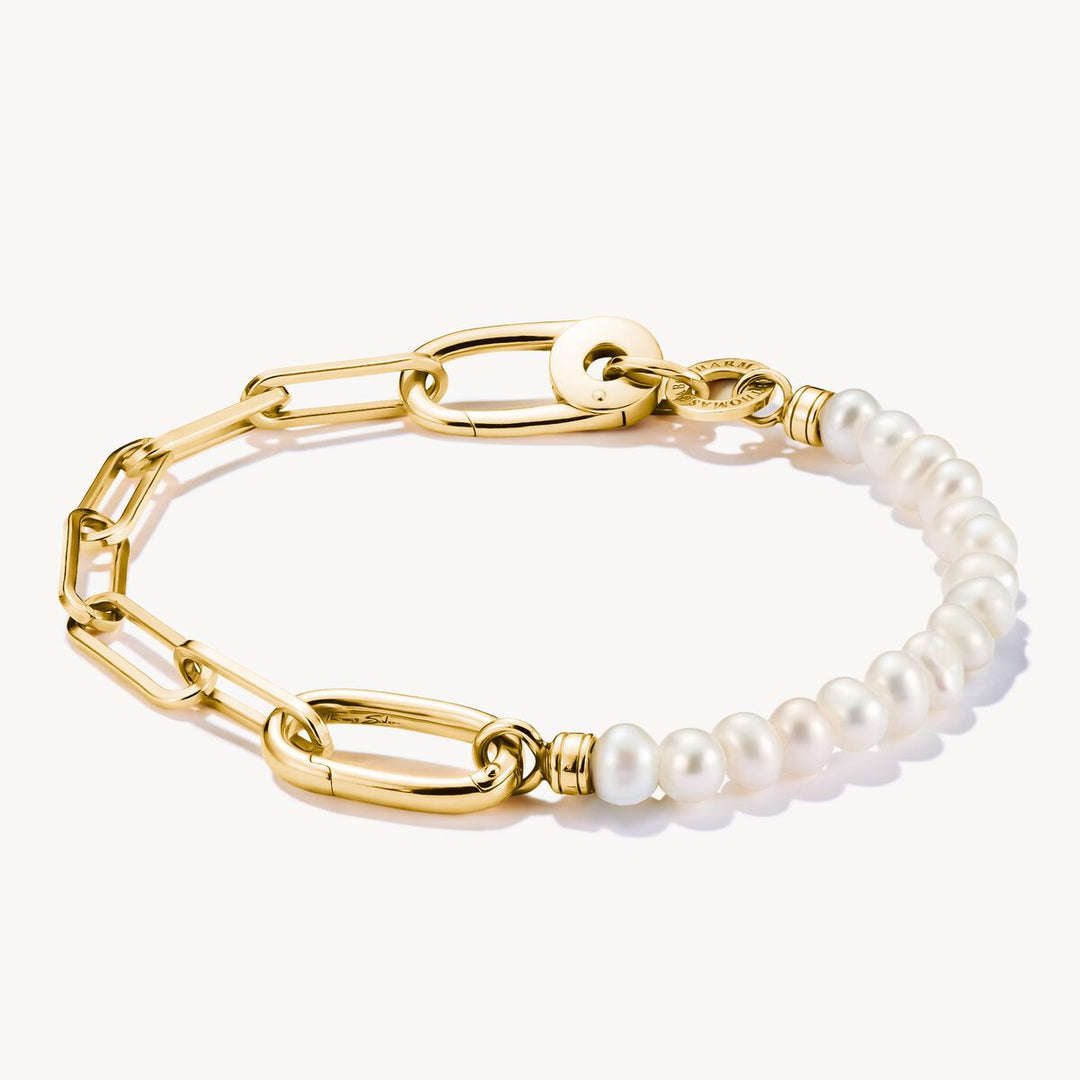 Thomas Sabo Charm Club Charming Connect Gold Plated Paperclip Link Pearl Bracelet C1209-430-14