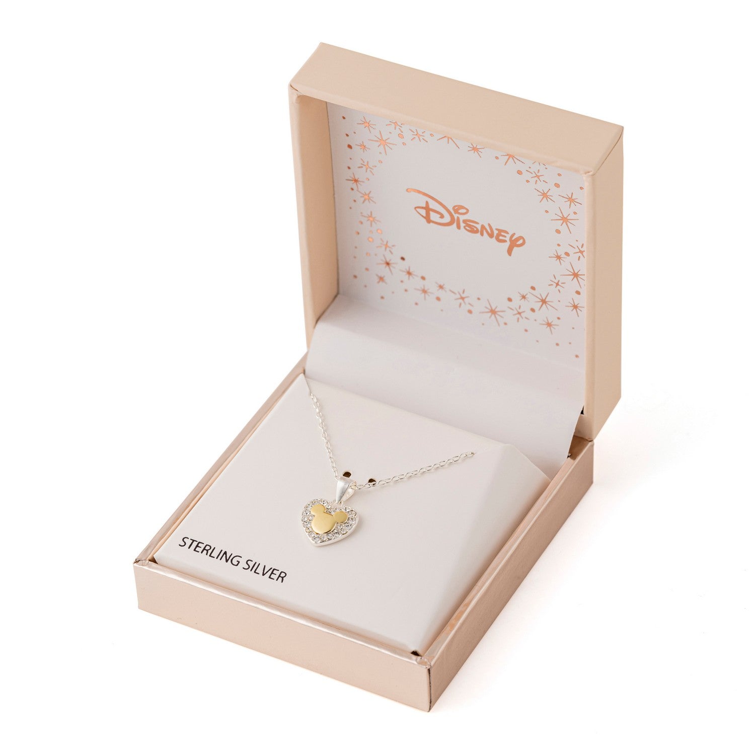 Heart-shaped pendant necklace in a Disney branded box on a white background