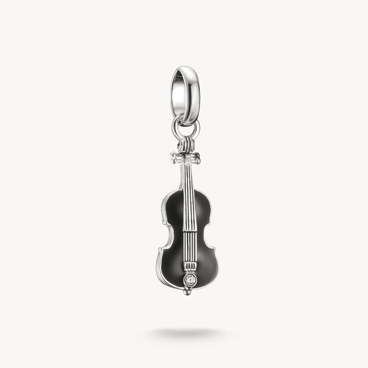 Violin-shaped pendant with a black body and silver details on a white background