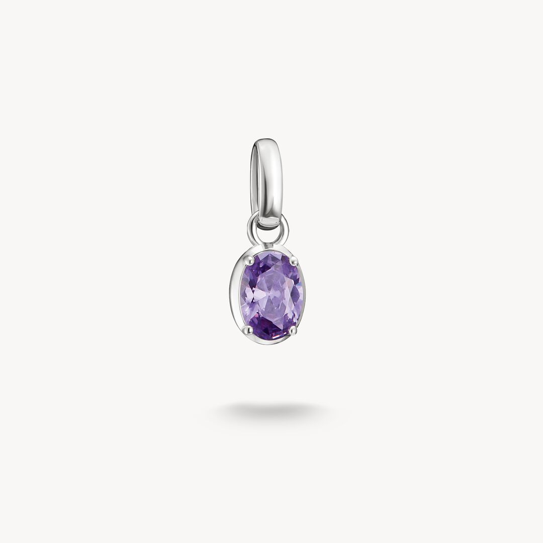 Silver pendant with purple gemstone on a white background