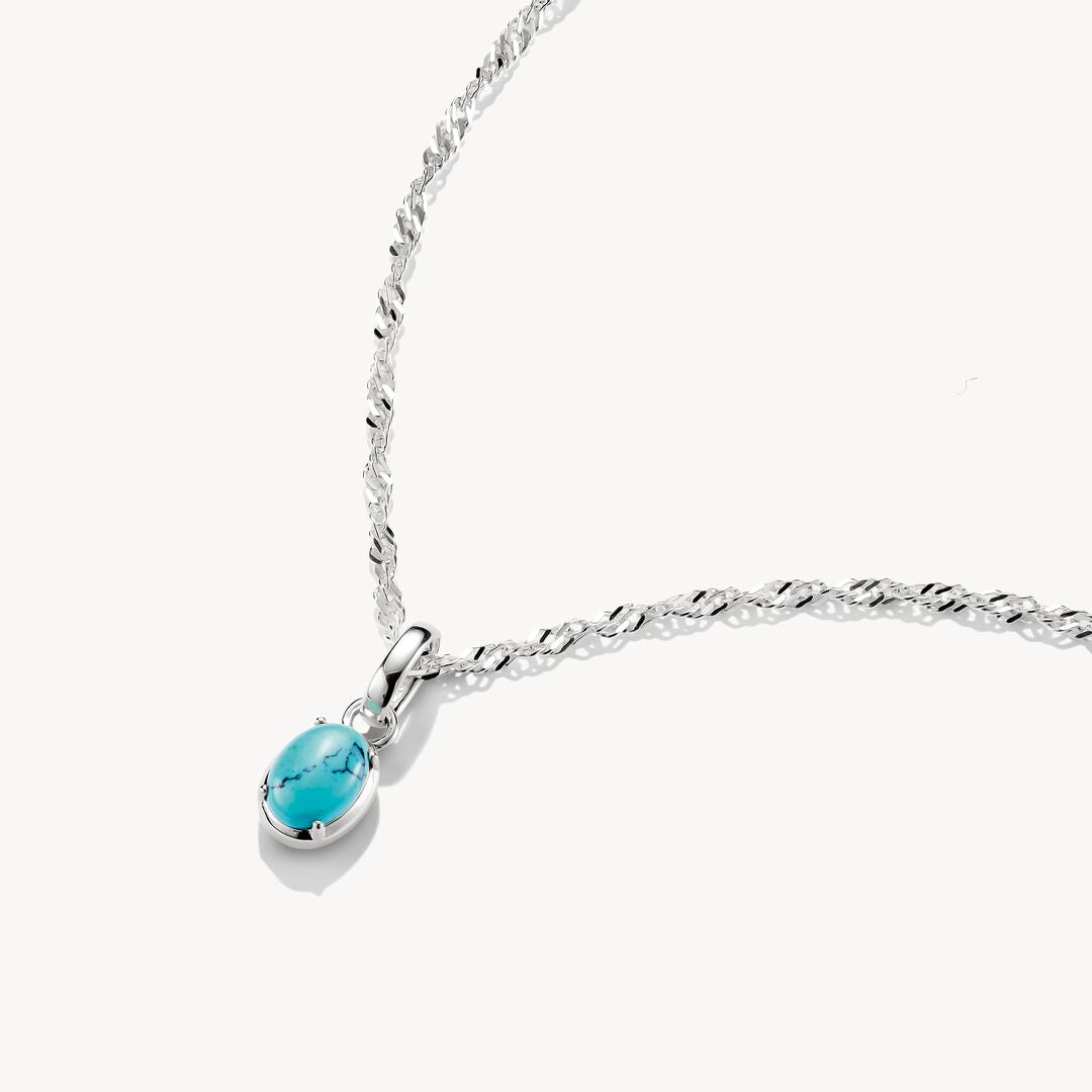Silver necklace with a turquoise pendant on a white background