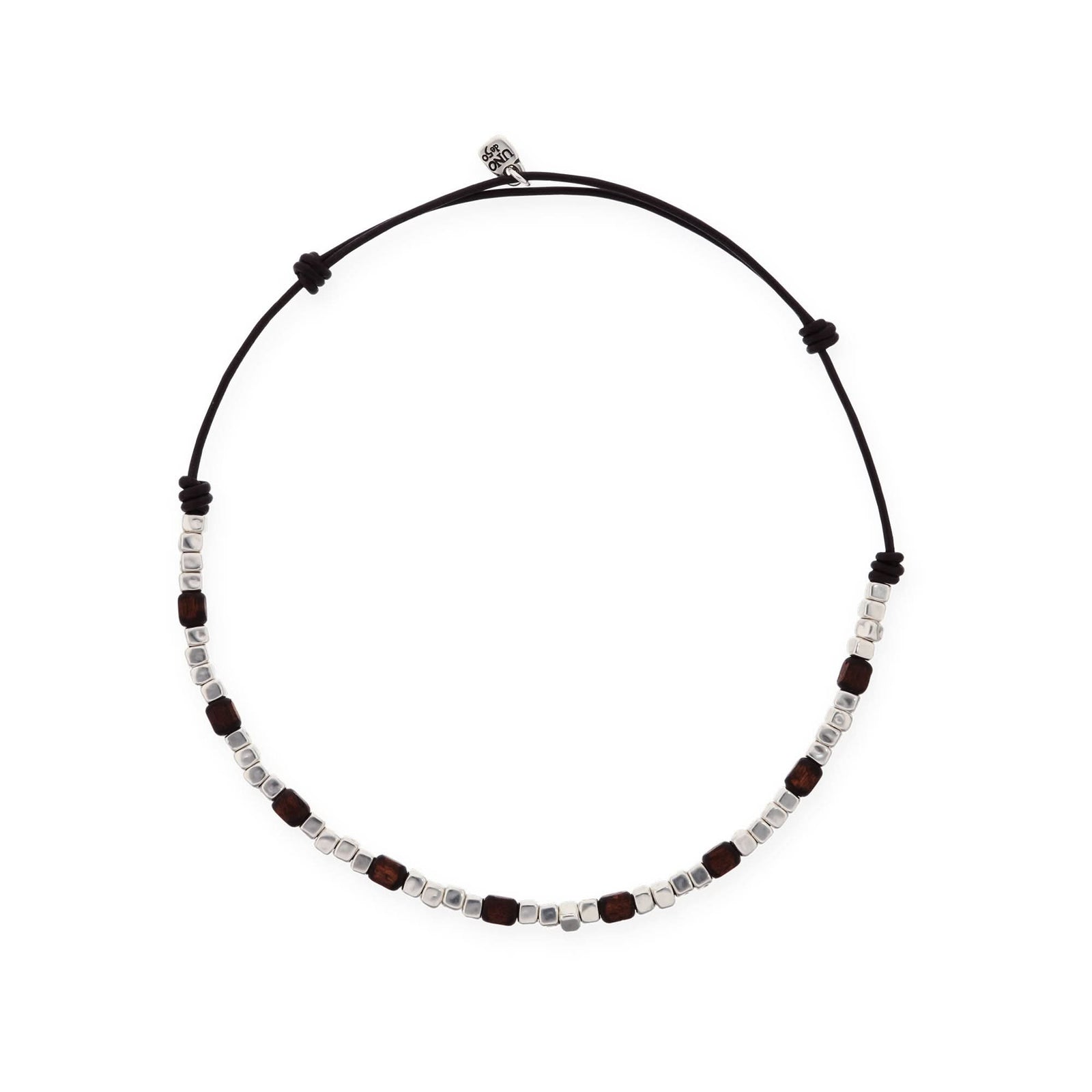 Silver Sterling Plated And Wood Beaded Leather Necklace COL2025MARMTL