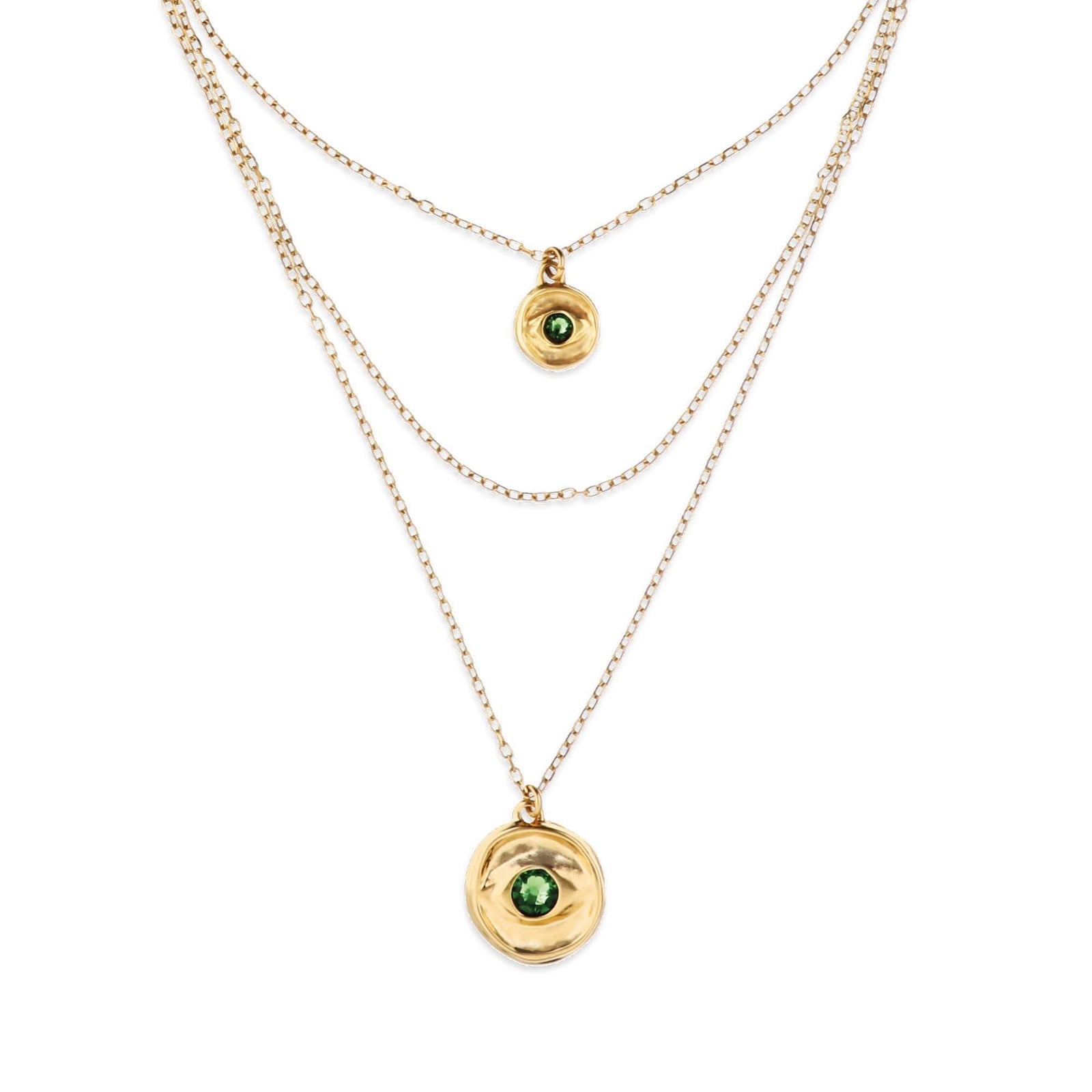 Metal Alloy Multi Strand Gold 18K 2 Eye Charms Green Faceted Crystal Necklace COL2042VRDORO