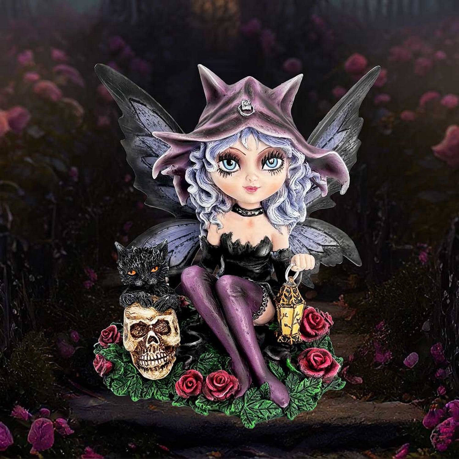 Midnight Fae Gothic Fairy with Cat Figurine D6987A25