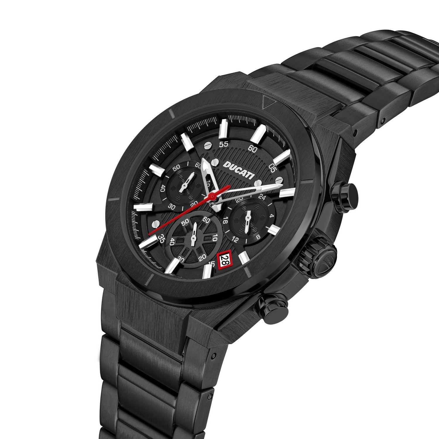Black Ducati watch with a detailed face on a white background