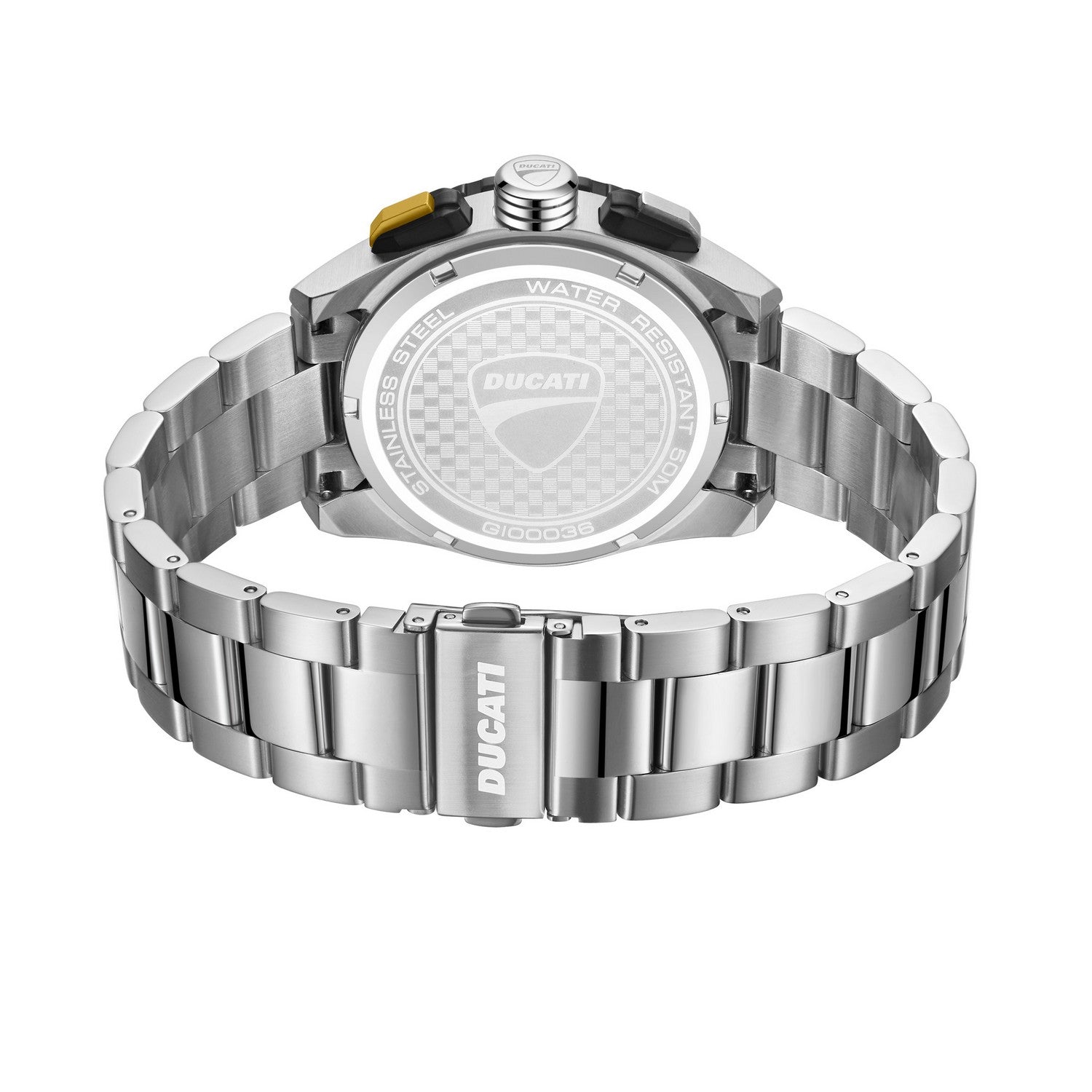 Silver Ducati watch with a white face on a white background