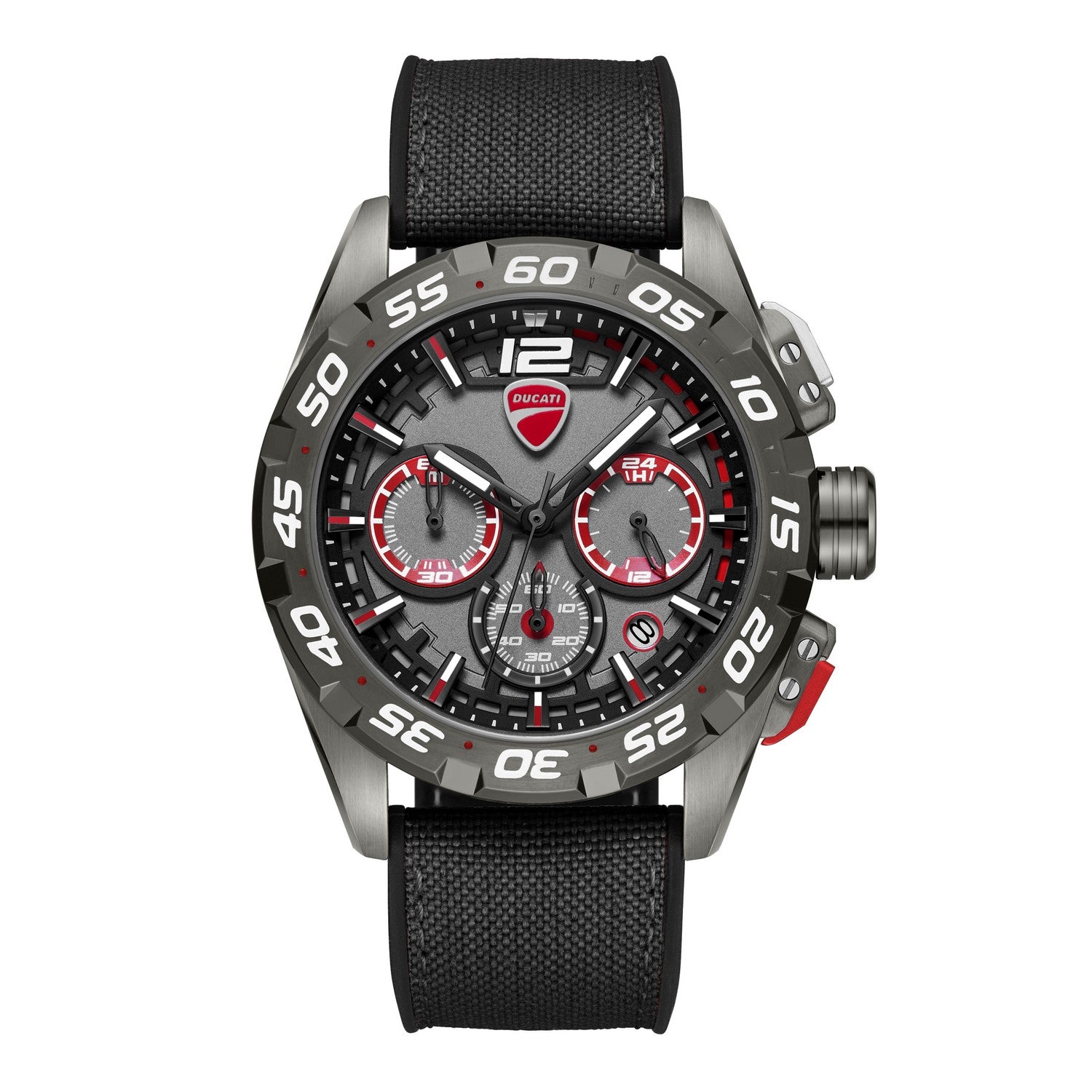 Black and gray watch with red accents on a white background