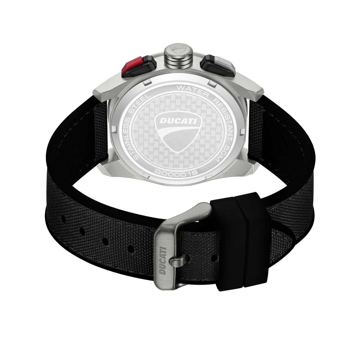 Ducati watch with black strap on a white background