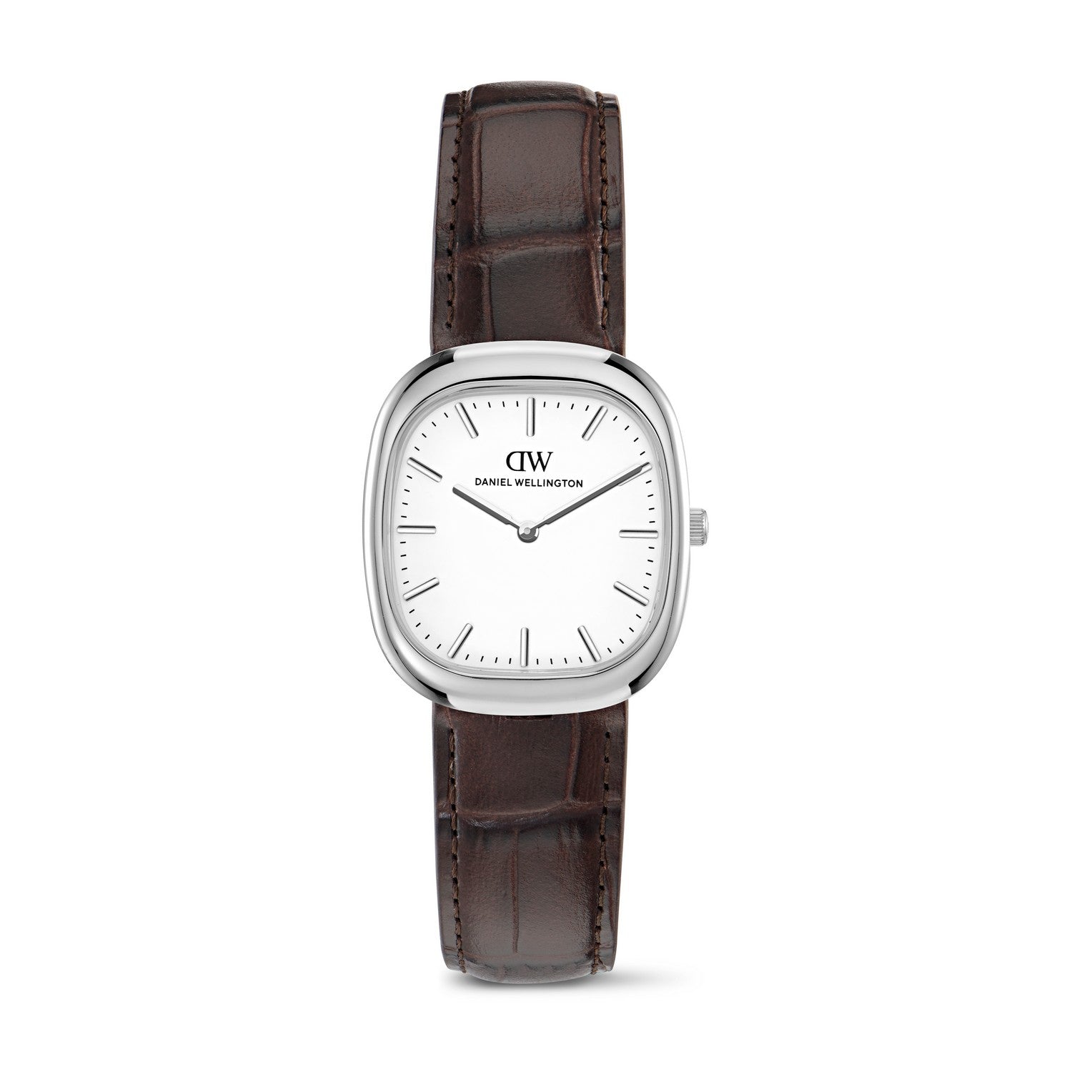 A Daniel Wellington wristwatch with a silver-toned rectangular case, white dial, and dark brown leather strap, shown against a plain white background.