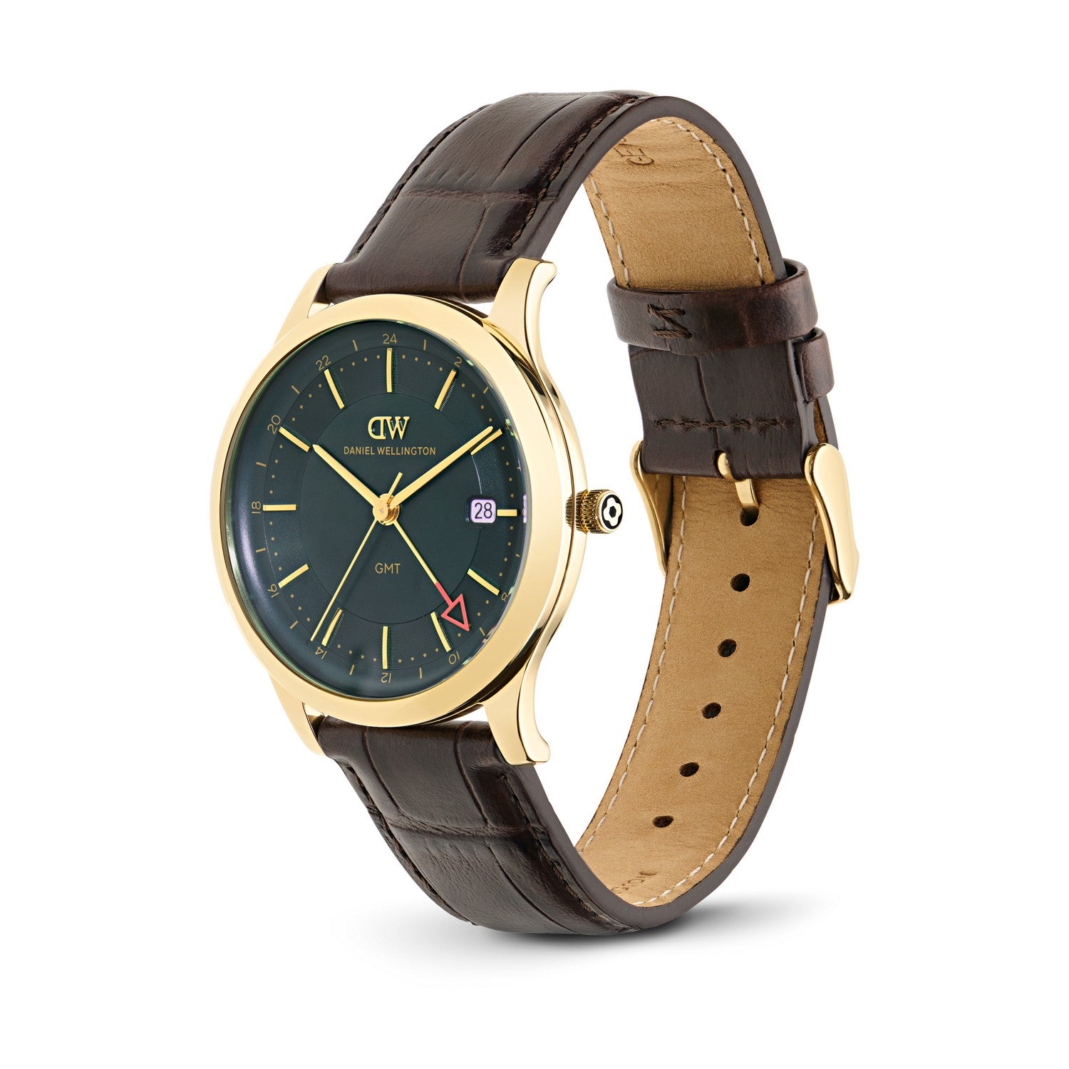 A Daniel Wellington wristwatch with a dark green dial, gold-tone case, and a dark brown leather strap with a tan interior, shown on a clean white background.