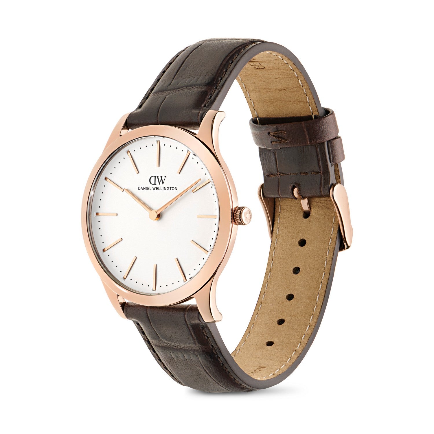 Daniel Wellington wristwatch with a rose gold case, white dial, and dark brown leather strap, shown on a clean white background.