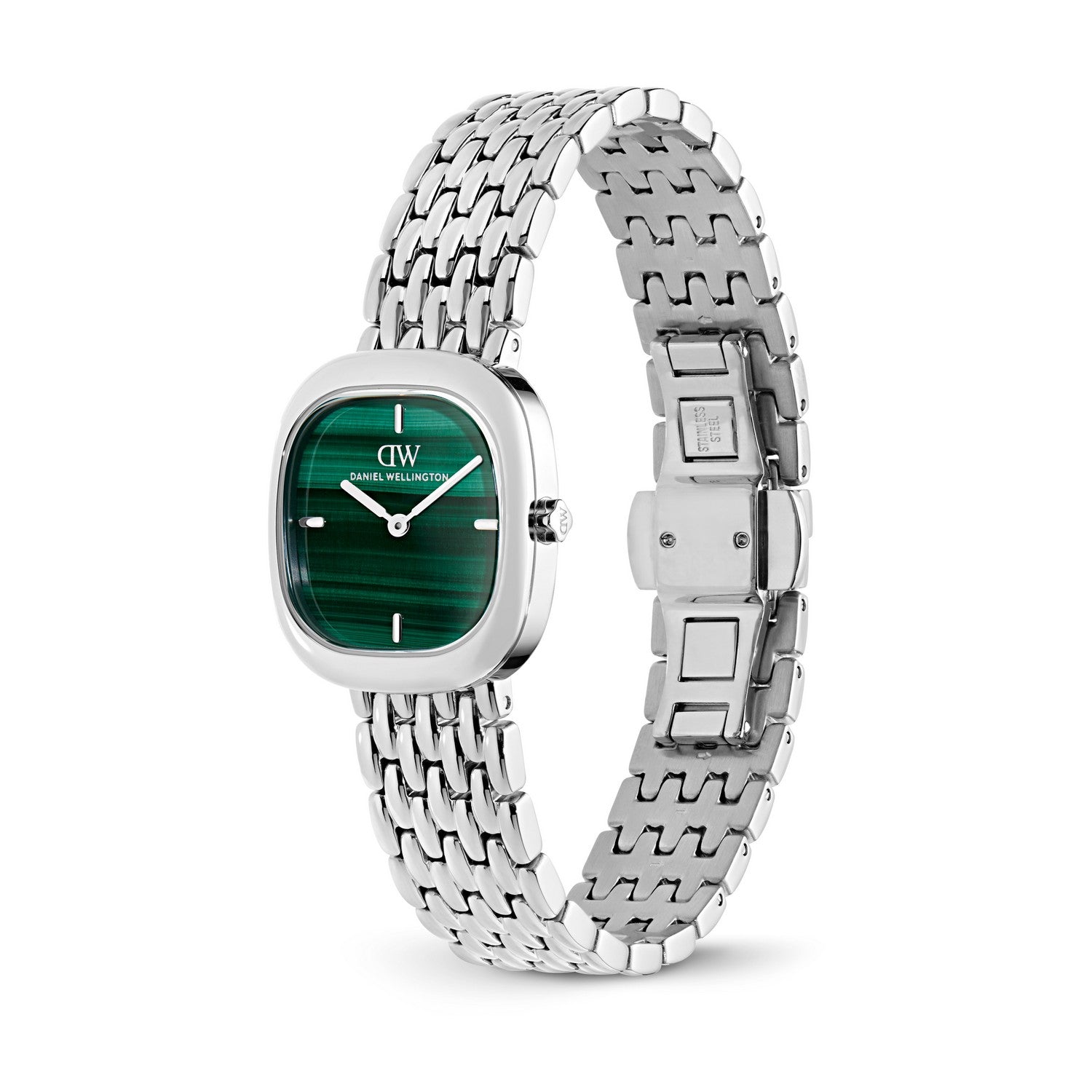 Daniel Wellington Silver & Malachite watch with a silver stainless steel link bracelet and a green malachite dial, shown on a white background.