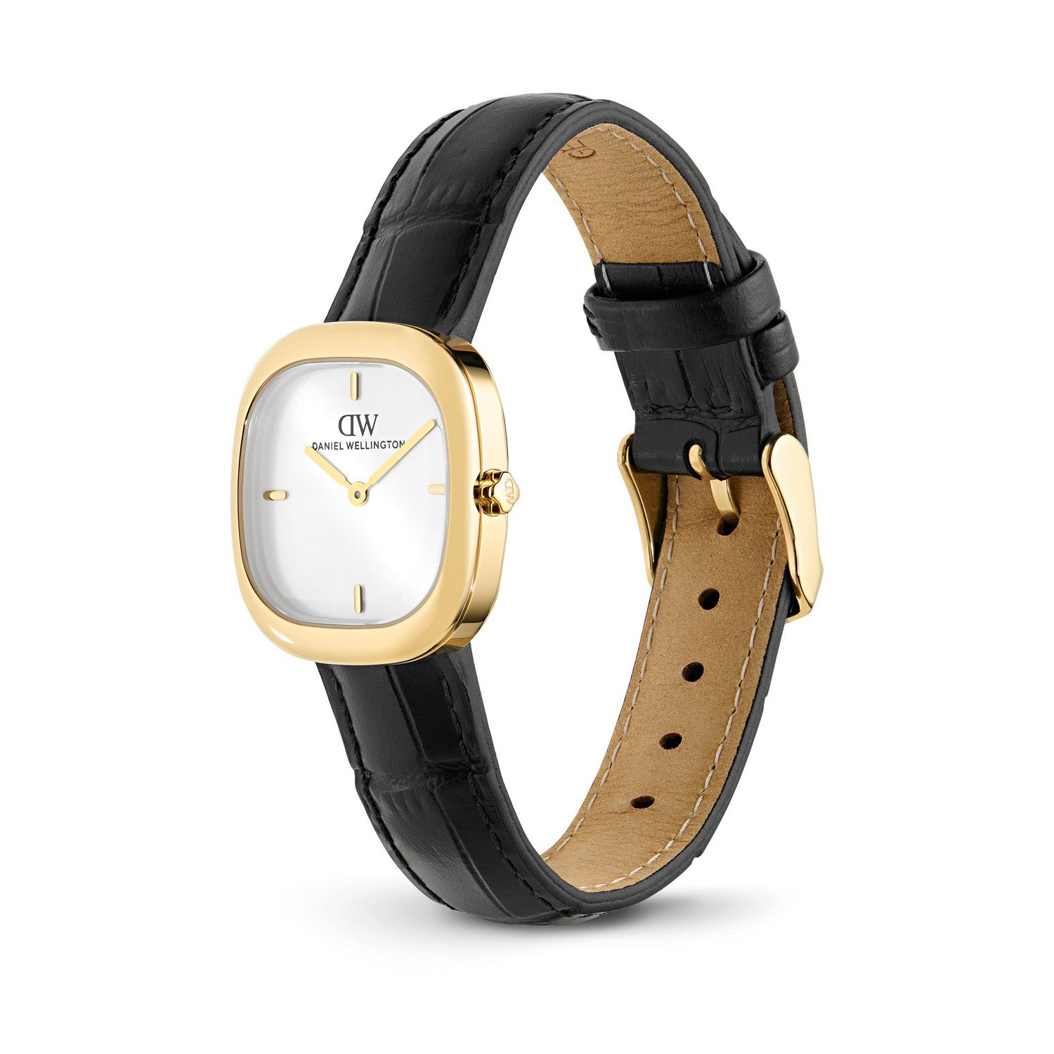 A Daniel Wellington wristwatch with a gold-tone case, white dial, and a black alligator leather strap with a tan interior, shown on a clean white background.